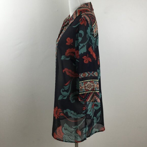 Soft Surroundings Black Tribal-Print Semi Sheer Button Up Top s/p - Picture 4 of 9